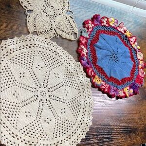Vintage 70s Handmade Crocheted Doilies Centerpieces Butterflies Rainbows